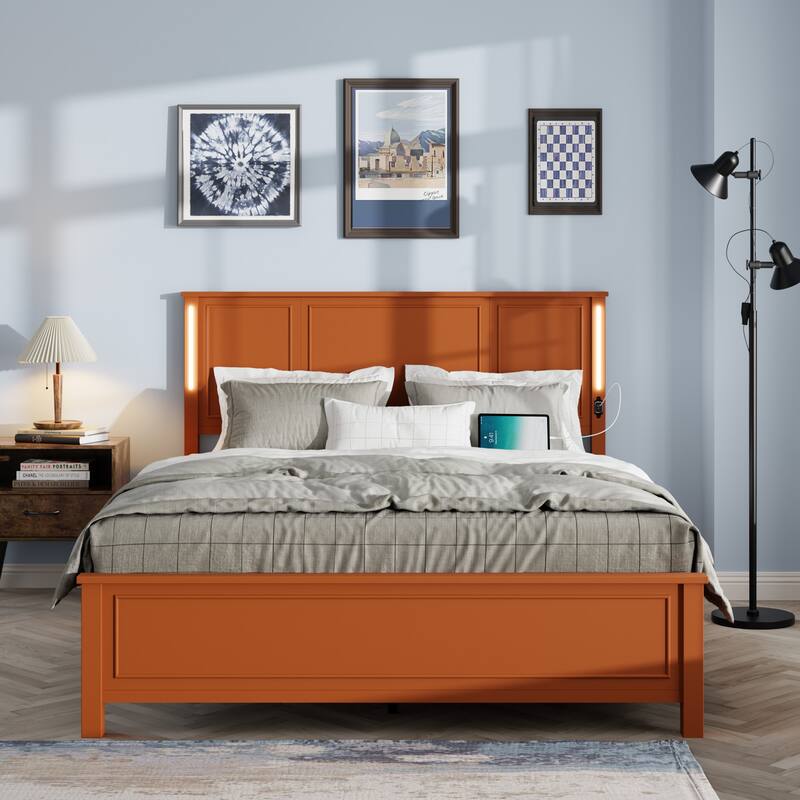 Queen Size Platform Bed Frame with Wood Headboard, Footboard, Charging Station, and LED Lights, No Box Spring Needed, Brown