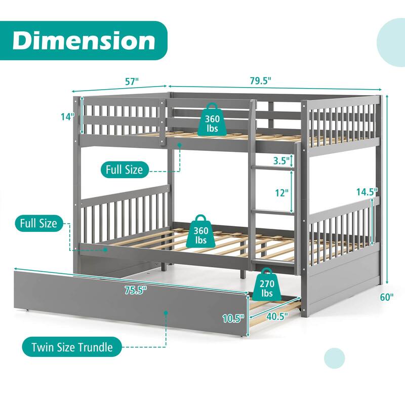 Costway Full over Full Bunk Bed Platform Wood Bed with Trundle &