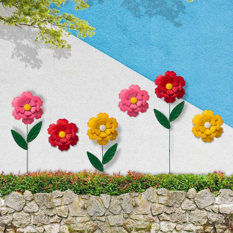 Glitzhome Metal Dimensional Flower Butterfly "Welcome" Birds Yard Stakes or Wall Decor (Set of 3)