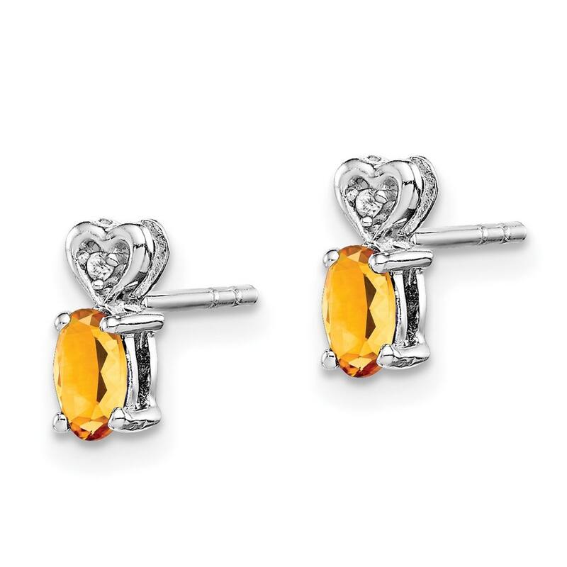 Curata 925 Sterling Silver 8x3mm Citrine and Diamond Heart Top Earrings