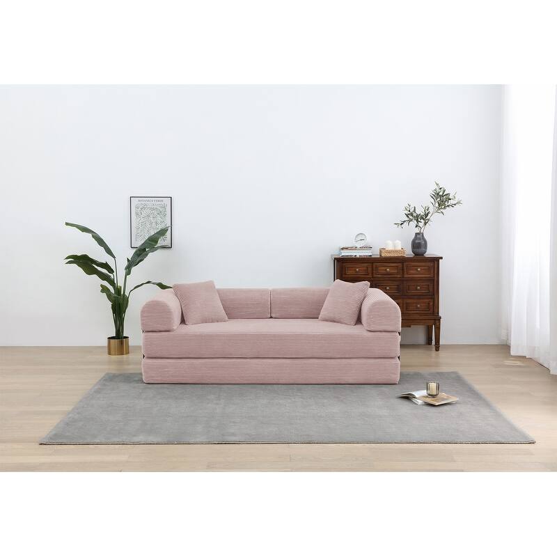 Convertible Sleeper Sofa Bed, Corduroy 3-Seat Fold-Out Couch with Pillow