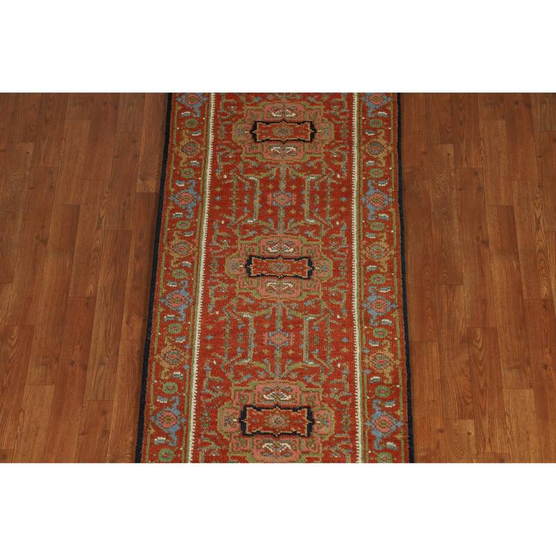 Hand Knotted Oriental 100% Wool Carpet Traditional Geometric Oranges & Rust Heriz (serapi) Runner Rug - 11' 10'' X 2' 6''