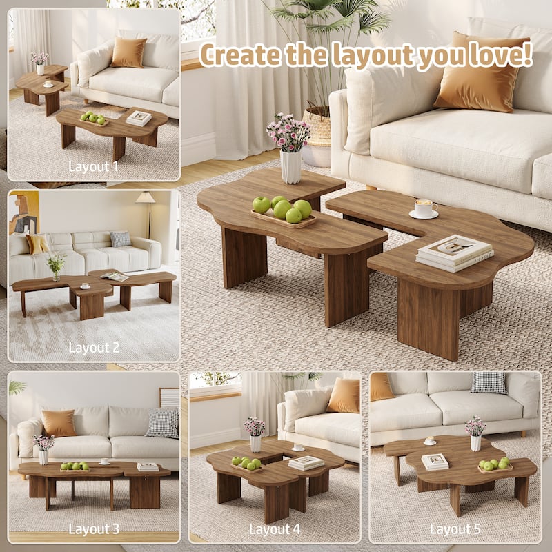 Mid-Century Modern Irregular Cloud 2-Piece Modular Coffee Table - Brown Wood, Living Room Center Table