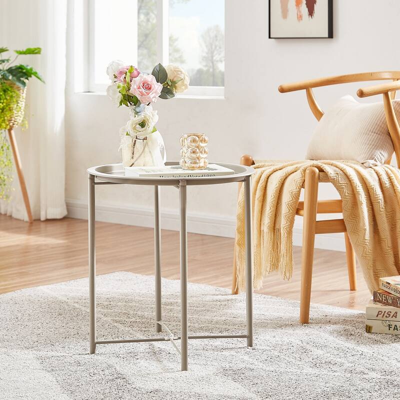 VECELO Side/End Table, Folding Round Metal Anti-Rust and Waterproof Outdoor for Living Room Bedroom,Nightstands