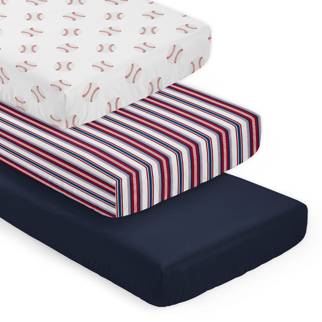 Sweet Jojo Designs Baseball Sports Boy 3 Pack Fitted Crib Sheets - Red, White and Blue Stripes, Solid Navy and Americana Sport