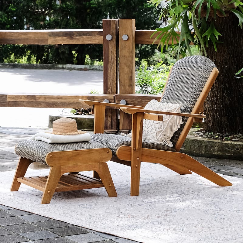 Cambridge Casual Camden 2-piece patio Adirondack chair and outdoor ottoman set - Natural Teak/Gray Wicker