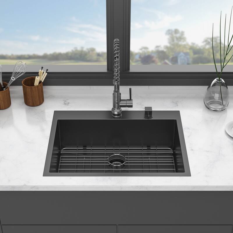Drop in Kitchen Sink Gunmetal Black Topmount 16 Gauge Deep Single Bowl Stainless Steel Sink Basin