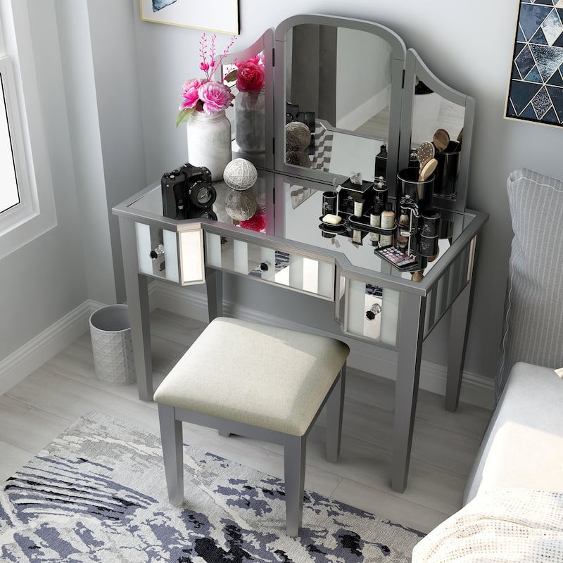 Furniture of America Inno Glam Wood 3-Piece Makeup Vanity Set with Three-sided Mirror