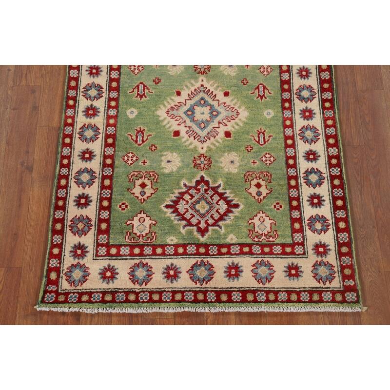 Light Green Geometric Kazak Foyer Rug Hand-Knotted Wool Carpet - 2'10" x 4'2"
