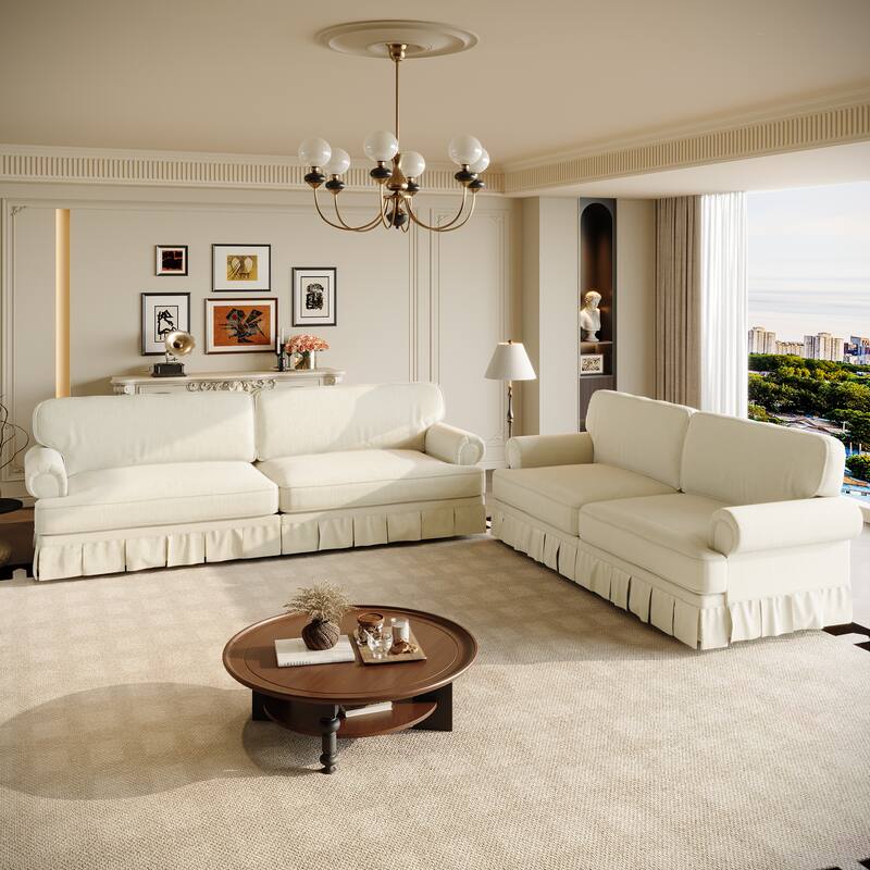 Luxuriously Sofa for Living Room, Chenille Sectional Couch with Pleated Skirt Design, Traditional Rolled Arms Deep Seat Couches