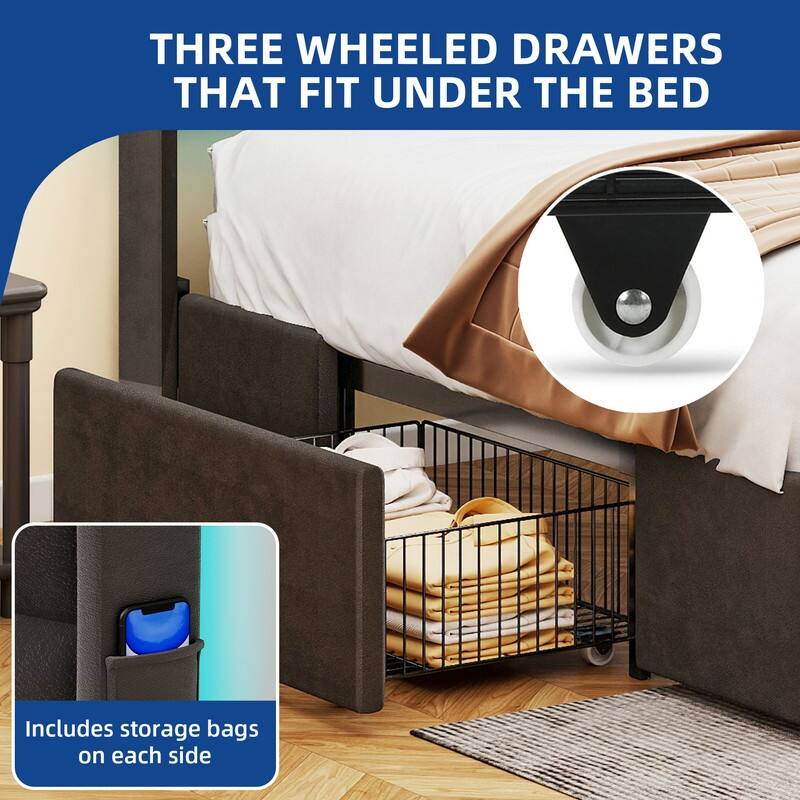 Moasis Queen/King Size Velvet Upholstered Bed with Charging Station and Storage Drawers
