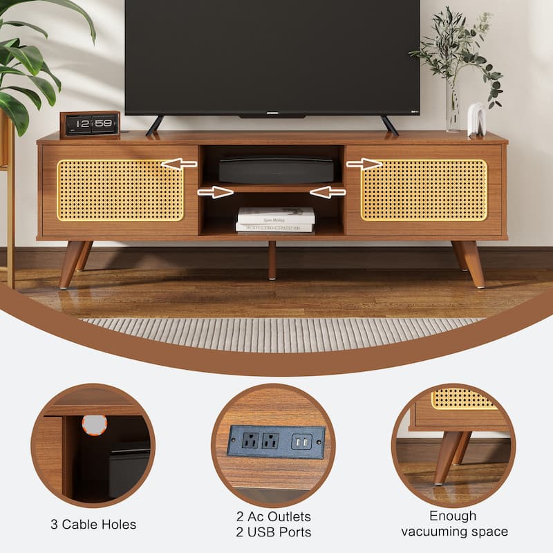 Modern TV Stand with 2 Storage Cabinet and Upper and Lower Compartment 4 Strips Wood Legs for Living Room
