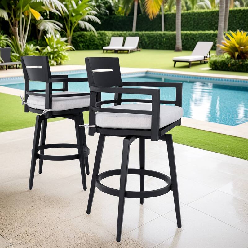 Modern Outdoor 2-Piece Swivel Bar Chairs, 360° Swivel, Tapered Legs, Sunbrella Cushion, Weather-Resistant Patio Bar Stool