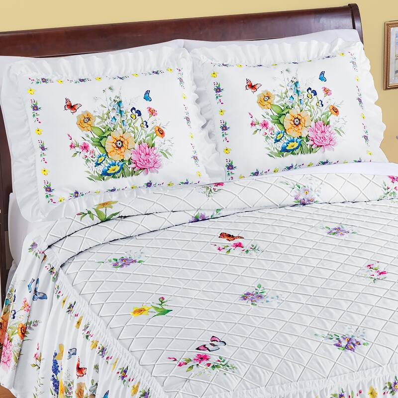 Colorful Poppy and Butterflies Ruffled Edge Pillow Sham - White - Sham