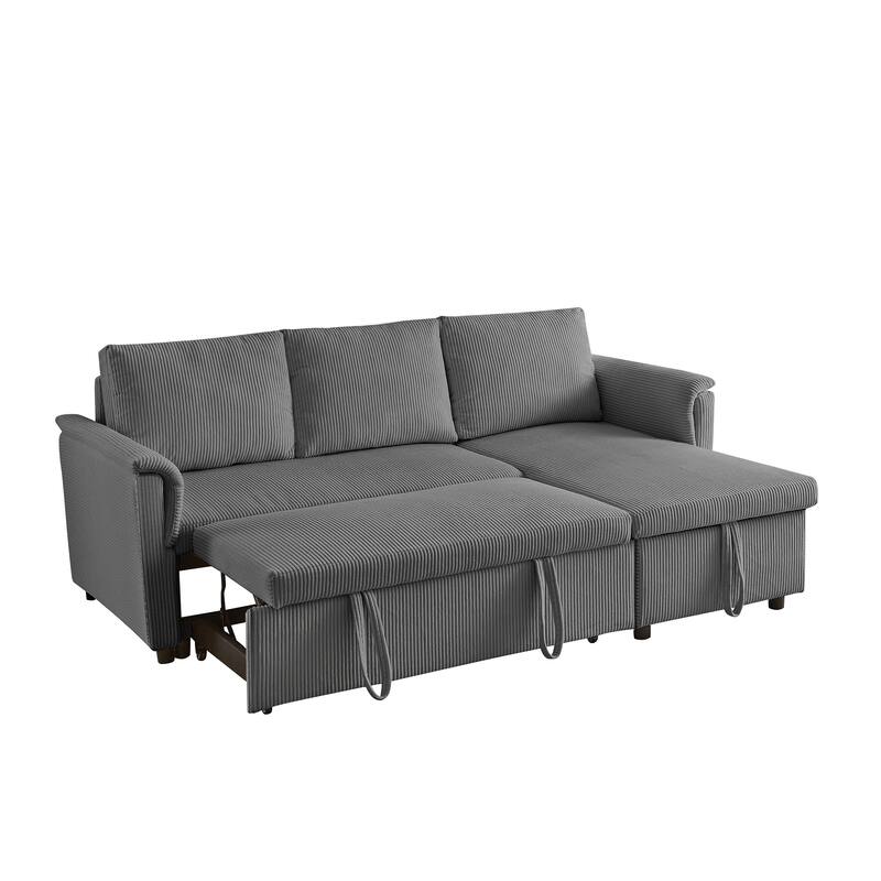 Convertible Corduroy Modular Loveseat Pull-Out Sleeper with Storage Chaise and Reclining Backrest for Living Room