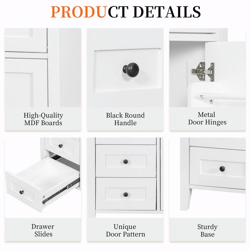 Bathroom Vanity with Sink, Modern MDF and Rubberwood Cabinet with 3 Drawers and Adjustable Shelf
