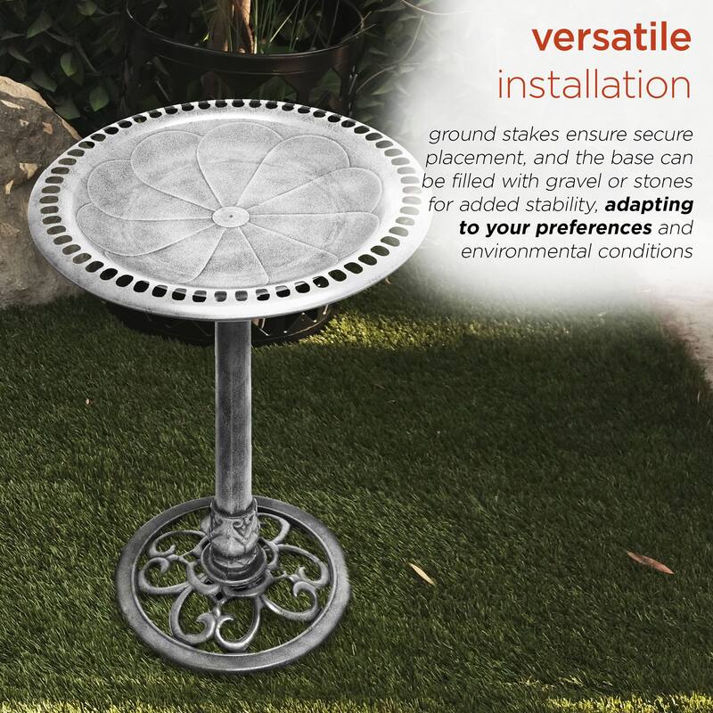 Gray Pedestal Birdbath w/ Scrollwork Base and Ground Stakes