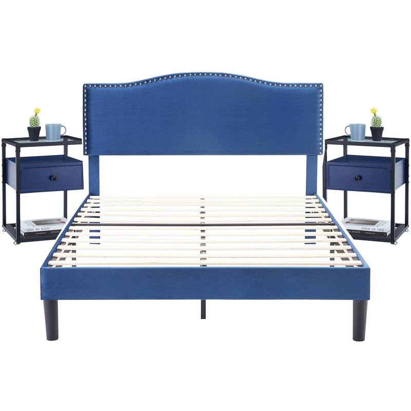 VECELO, Five Colors, 3-Pieces Upholstered Platform Bed Frame with Adjustable Headboard and Nightstands Set of 2