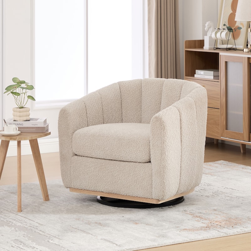 Chenille Upholstered Swivel Barrel Chair, Tufted Pumpkin-Shape Club Armchair, Lounge Reading Chair with Metal Base - Wheat