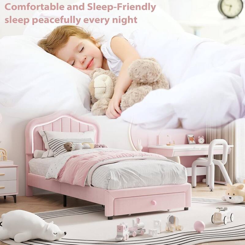 Twin Upholstered Platform Bed Frame with LED Lights & Storage Drawer, Easy Assembly