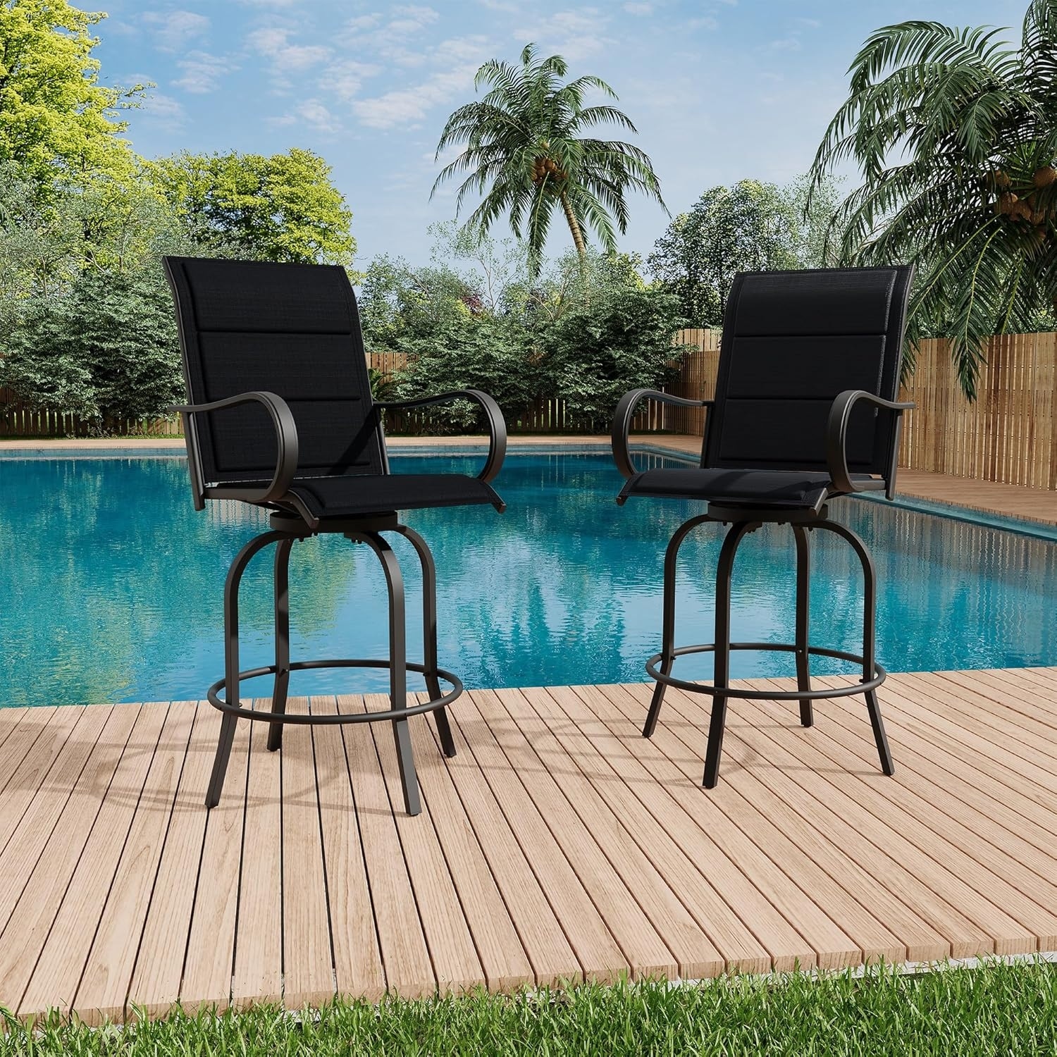 Outdoor Swivel Bar Stools set of 2, All-Weather High Back Armrest Patio Chairs - 25"D x 28"W x 49"H