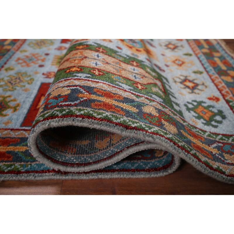 Blue Geometric Oushak Oriental Area Rug Hand-Knotted Wool Carpet - 3'11"x 5'11"