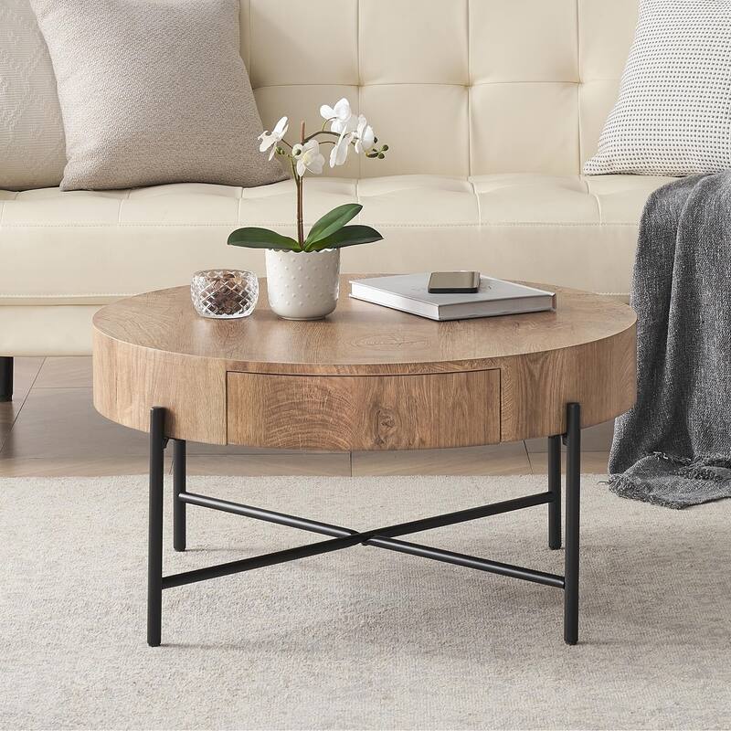 Round Coffee Table with with Two Drawers - Natural - Natural