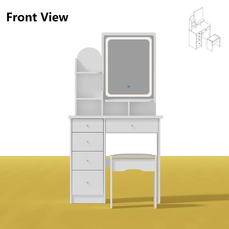 Vanity Desk with LED Lighted Mirror, Makeup Vanity Table with Drawers, Shelves and Stool