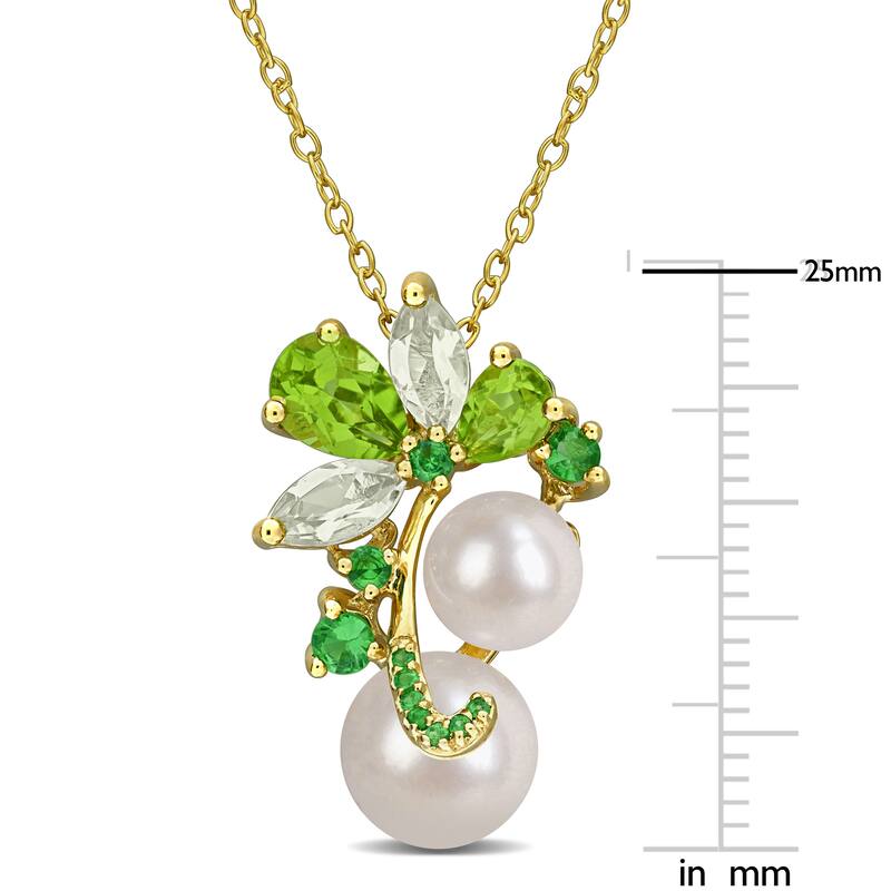 Miadora Cultured Freshwater Pearl 2 1/4ct TGW Peridot Green Quartz Tsavorite Necklace in Yellow Plated Sterling Silver