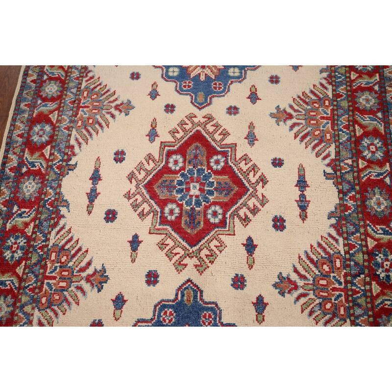 Ivory Geometric Kazak Accent Rug Handmade Wool Carpet - 3'4" x 4'10"