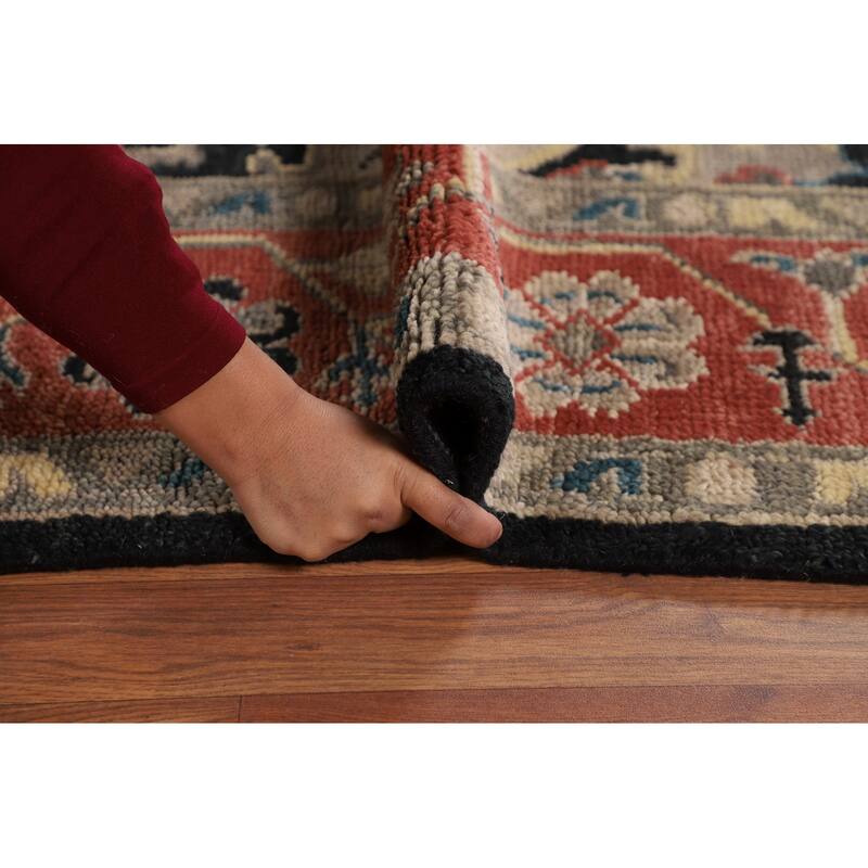 Black Geometric Heriz Serapi Indian Area Rug Hand-Knotted Wool Carpet - 7'11" x 9'9"