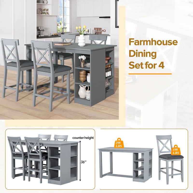 5 Piece Counter Height Dining Table Set with Storage , Dining Table Set with 3-Tier Storage Shelves and 4 Upholstered Chairs