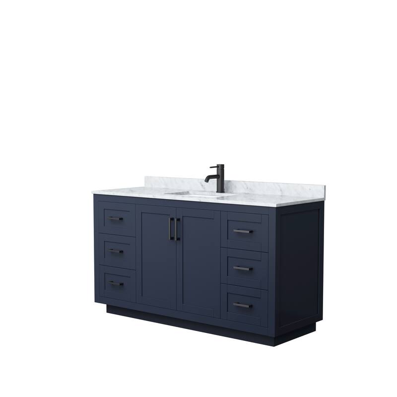 Miranda Single Vanity Set, White Carrara Marble Top, No Mirror - 60-Inch Single - Dark Blue, Black Trim, White Carrara Marble Top