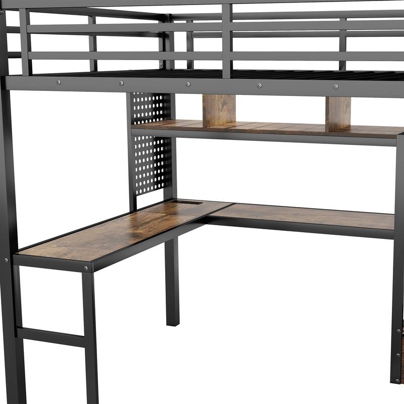 Full Size Metal Loft Bed with LED Lighting and Charging Station, Built-In Desk and Pegboard, Staircase Storage Wardrobe