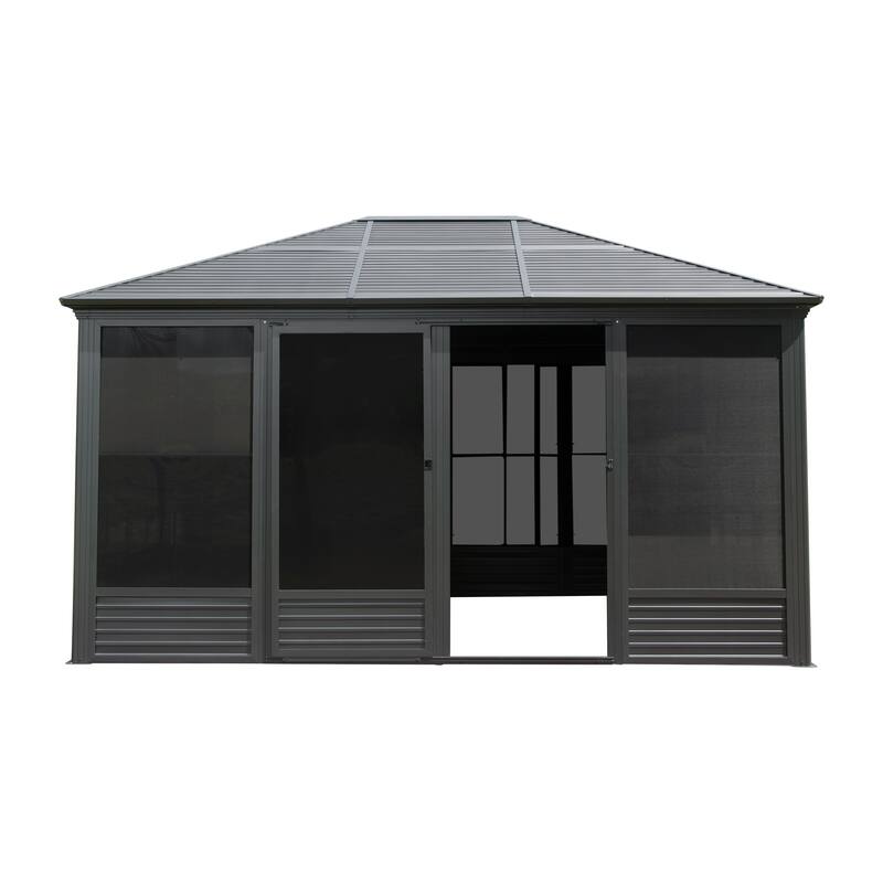 GDFStudio - Terry Four-Season Aluminum Sunroom Gazebo with Sliding Doors, Steel Roof, and Screen Panels for Patio
