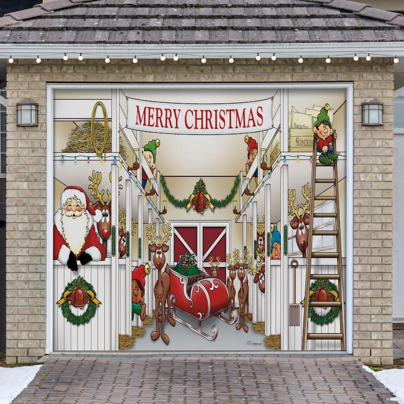 Santa's Merry Christmas Reindeer Barn Single Car Garage Door Banner - 7' x 8' - White
