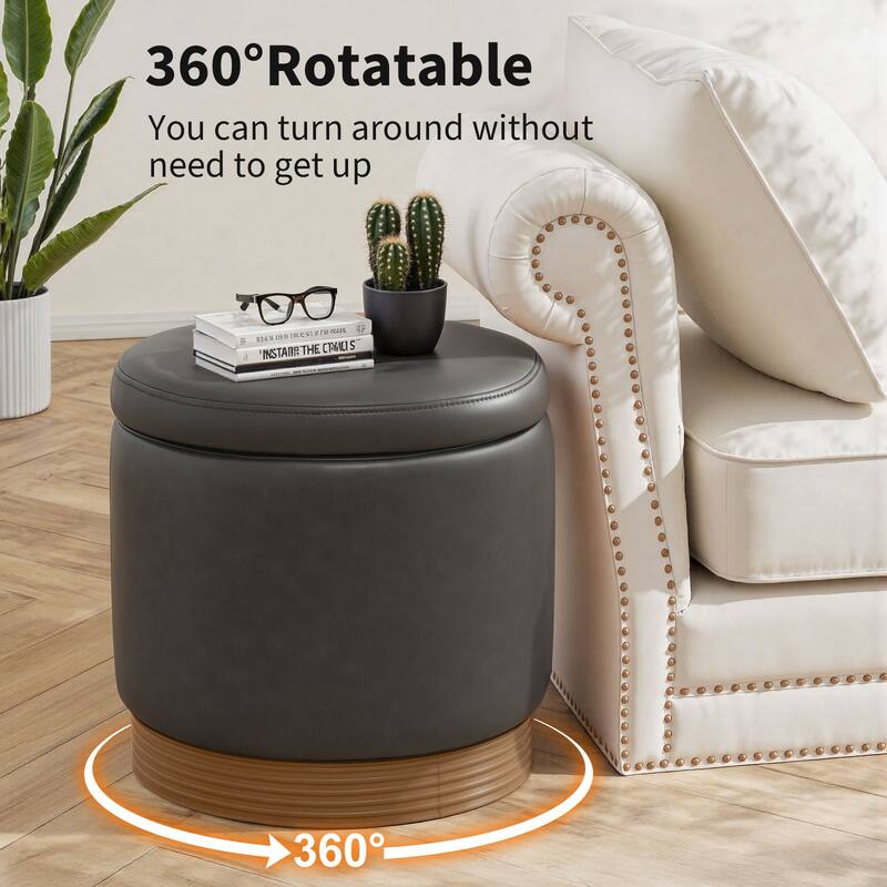 Round Swivel Storage Ottoman Footstool with Flip-top and Acacia Frame