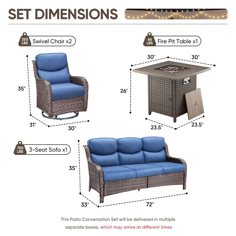 Pocassy Outdoor Propane Fire Pit Table with Sofa Swivel Chair Funiture Set.