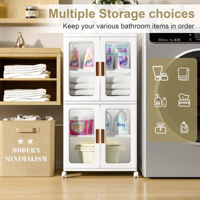 Javlergo 2-Tier White Rolling Storage Cabinet with Adjustable Shelves Locking Wheels & Transparent Doors Freestanding Organizer