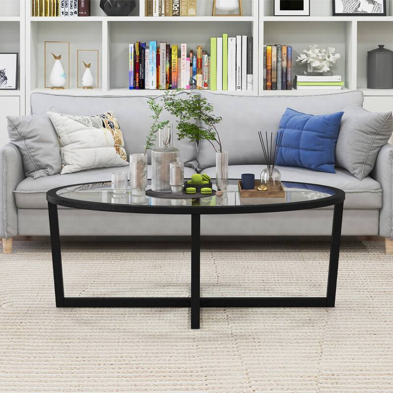 Gymax Modern Glass Coffee Table w/ Cross Base & Acacia Wood Legs for