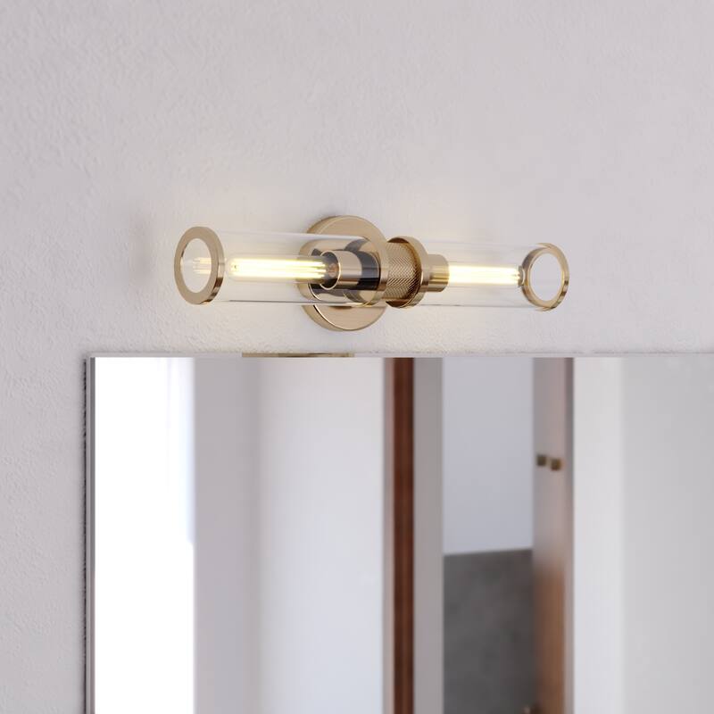 Levitt 2 Light Mid Century Modern Industrial Bathroom Vanity Bath Bar Fixture Clear Glass - Satin Brass - 19.25-in W x 4.75-in H x 4.5-in D