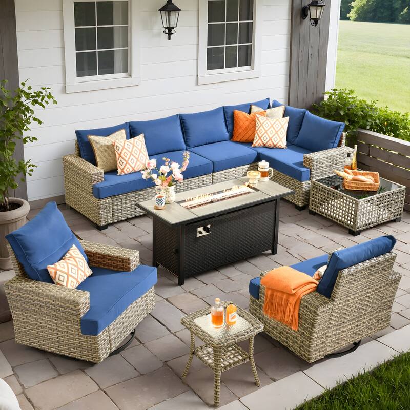 OVIOS 10 Pieces T shaped Seat Wide Armrest Swivel Chair Set With Solar-Powered Table&Fire Pit