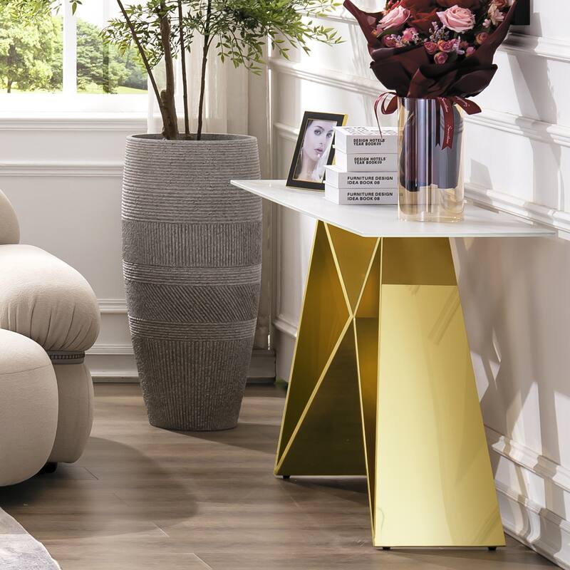 55 inch Rectangle White Glass Console Table with Mirrored M-Shaped Base