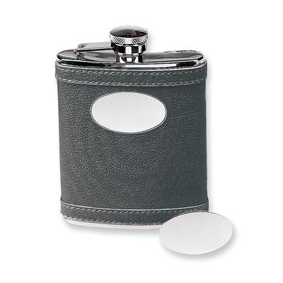 Curata 6 Ounce Stainless Steel Black Faux Leather Covered Flask with Oval Engraving Plate