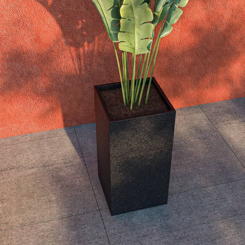 Basalt Modern Tall Square MGO Fiberstone Planter with Drainage, Weather-Resistant Indoor & Outdoor Patio Pot