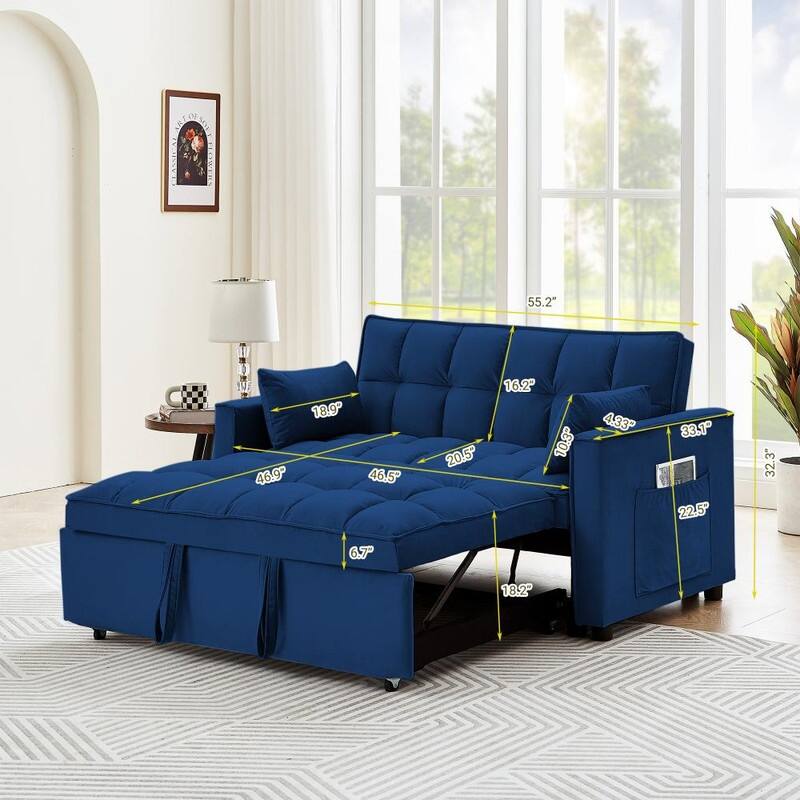 55" Modern Velvet Convertible Sleeper Sofa Bed Couch w/Pull Out Bed,Pillows and Side Pockets