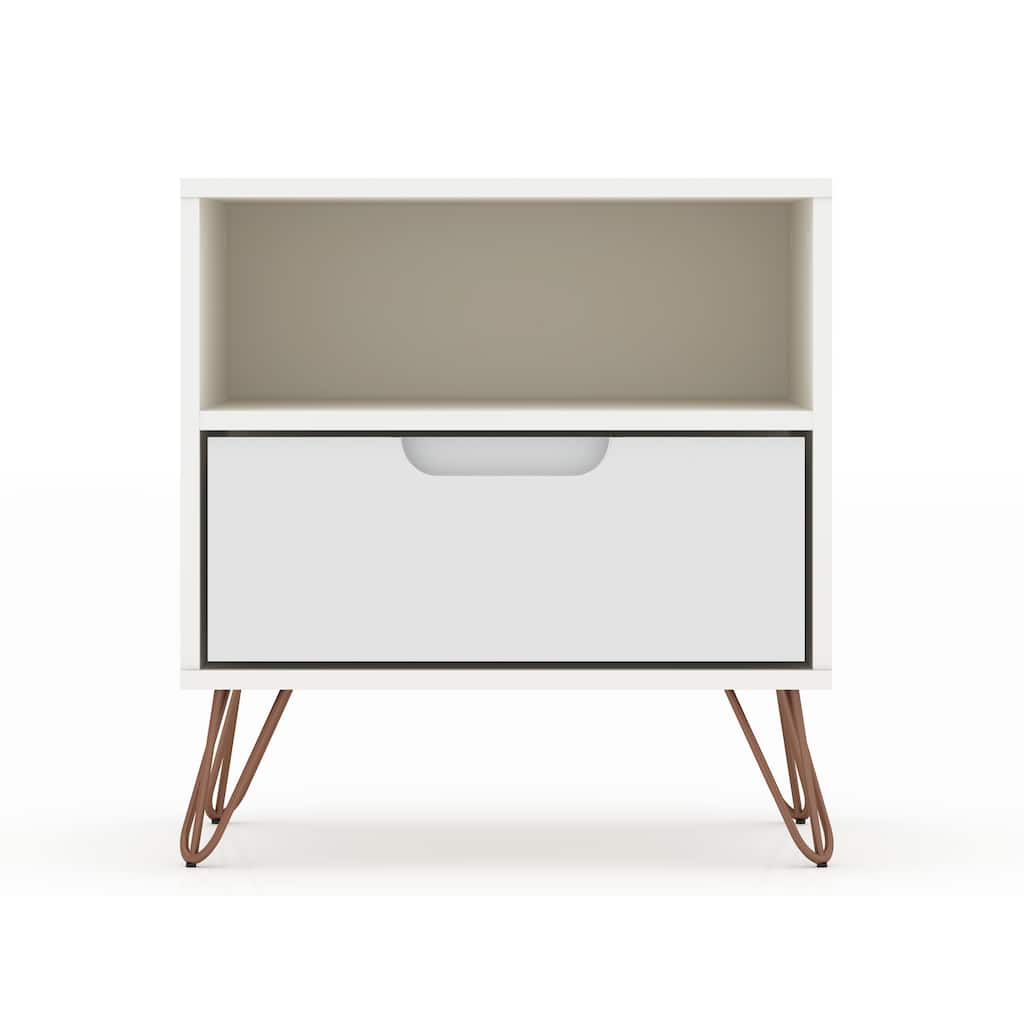 20-Inch White Nightstand with 1 Drawer and Open Shelf, Mid-Century Modern Design