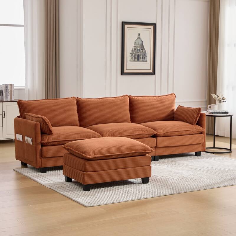 102.95" L-Shaped Corduroy Sectional Sofa with Movable Ottoman