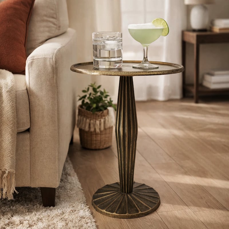 17 Inch Side End Drink Table, Fancy Fluted Base, Round Top Antique Brass