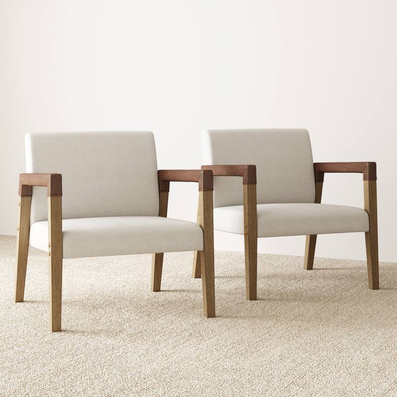 Hudson Upholstered Accent Chair with Faux Leather Arm Upholstery - Natural Flax Set of 2